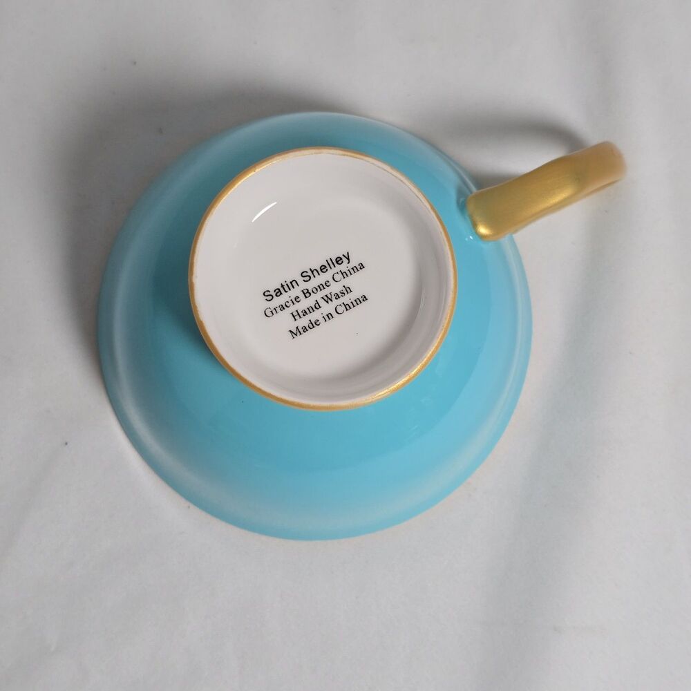 Shelley Gracie Fine Bone China Aqua Blue/Turquoise & Gold Teacup & Saucer + Box - Picture 10 of 16